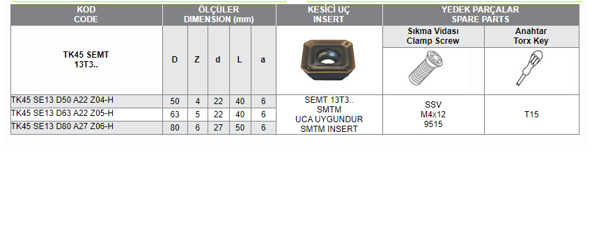 TK45 SEMT 13T3 UCA UYGUN FREZELER